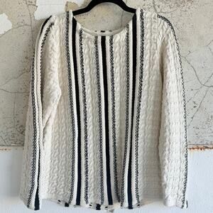 Vtg Chunky Knit Sweater Textured Stripe Cream Black Cozy Winter Pullover Women M